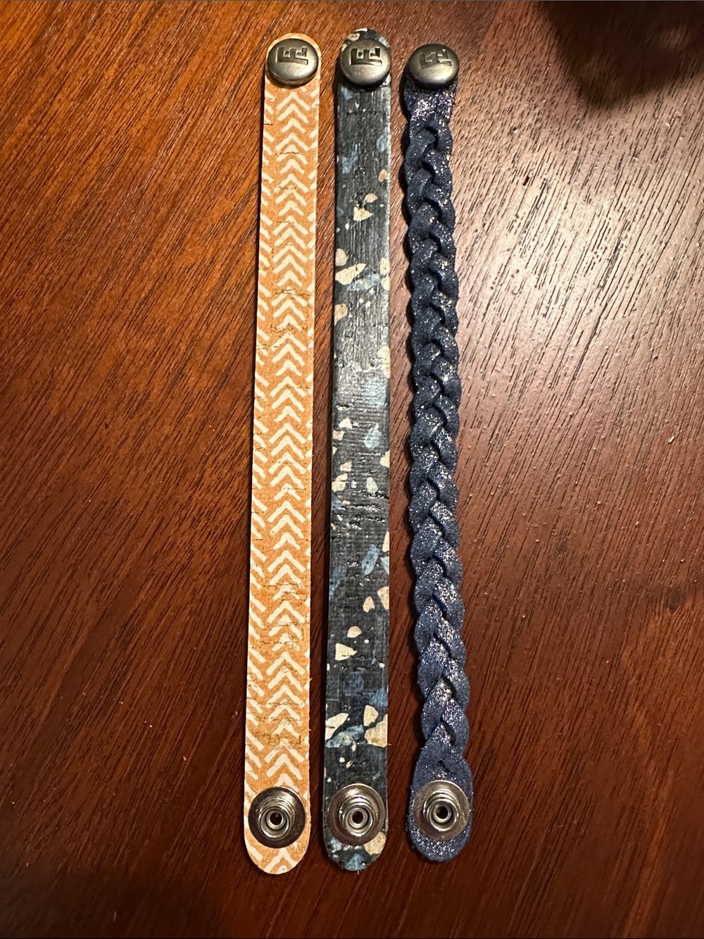 Leather Braided and Cork Snap Bracelets - Blues, Mustard, and Cream